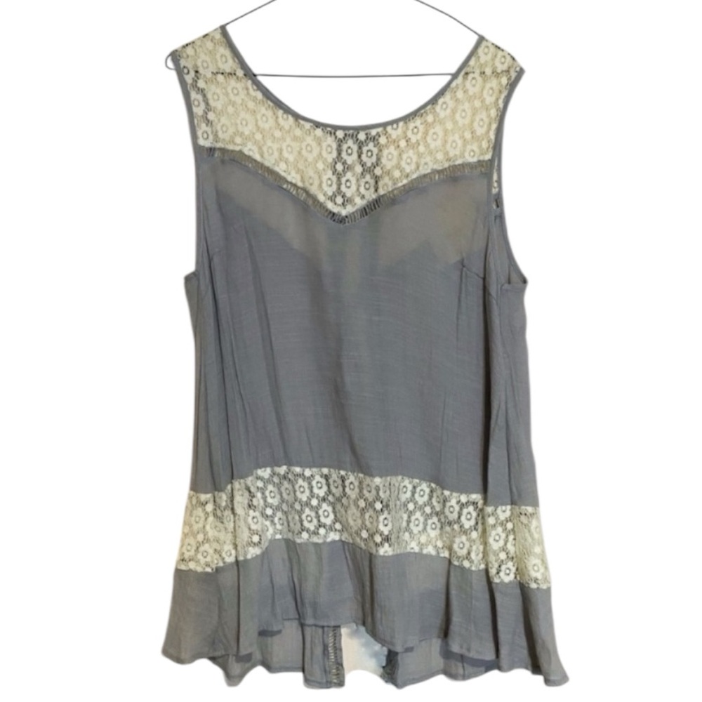 A’REVE Boho Romantic Gray Sheer Lace Tank Top, Flowy Open Back Summer Chic